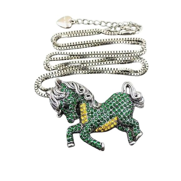 Betsey Johnson Necklace Green Crystal Horse Pendant Silver Tone - Picture 1 of 2